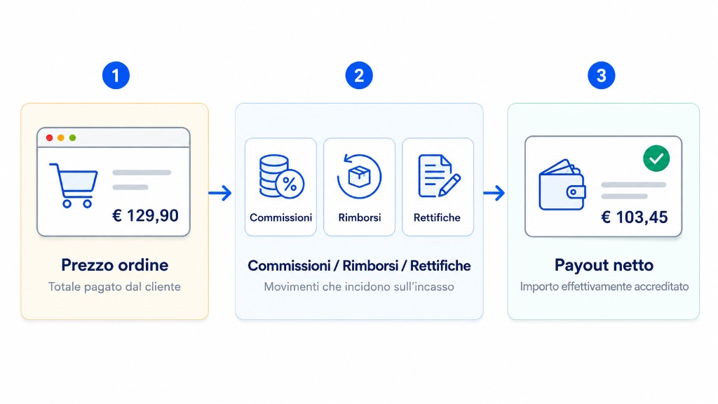 Financial flow from order price through fees and refunds to net payout on eBay