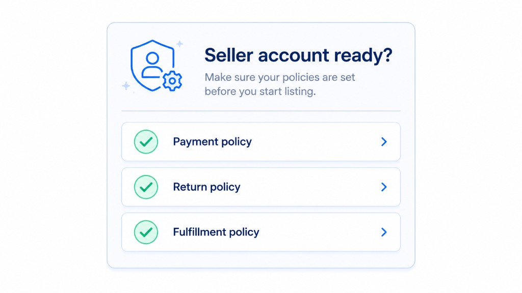 eBay seller account checklist with payment, return and fulfillment policies